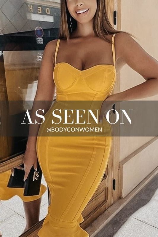 Sun Yellow Bandage Spaghetti Strap Sweetheart Bustier Mermaid Hem Midi Dress