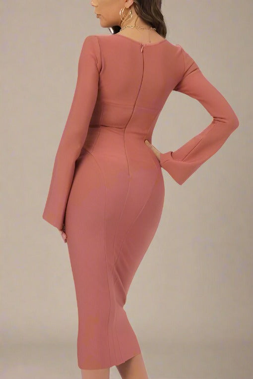 Watermelon Pink Long Sleeve Sweetheart Ruched Bustier Bodycon Midi Dress