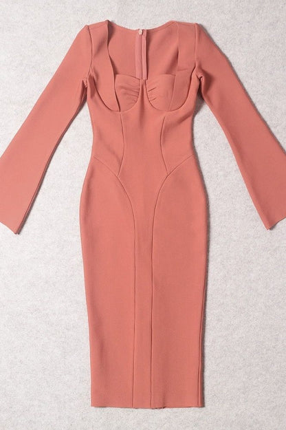 Watermelon Pink Long Sleeve Sweetheart Ruched Bustier Bodycon Midi Dress