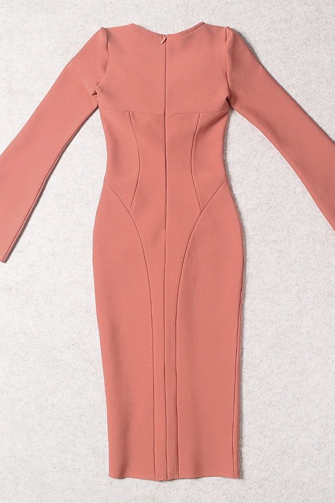 Watermelon Pink Long Sleeve Sweetheart Ruched Bustier Bodycon Midi Dress