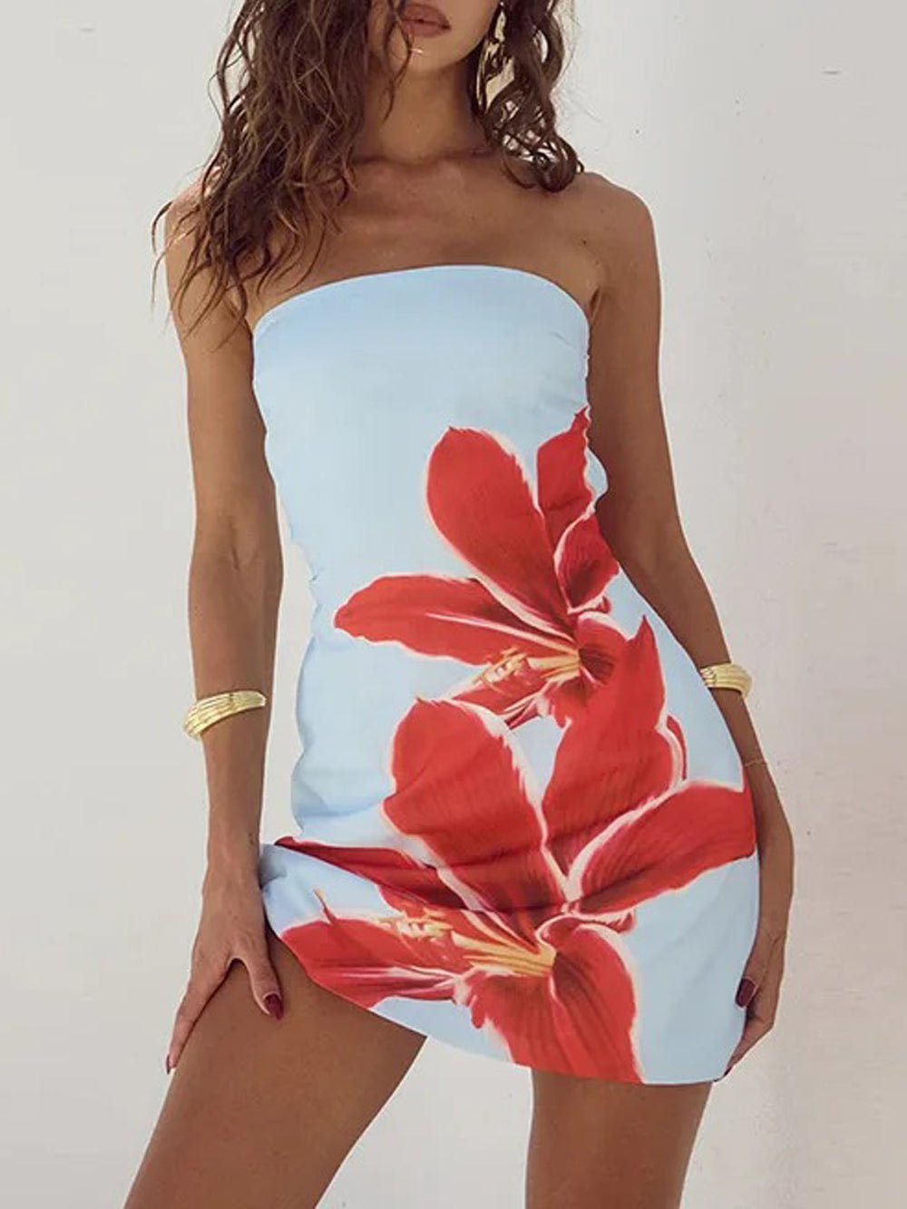 Floral Print Strapless Bodycon Mini Dress
