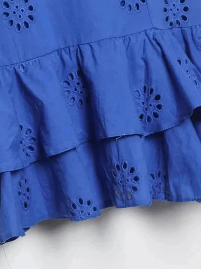 Blue Eyelet Embroidery Sweetheart Bustier Spaghetti Strap Tiered Ruffle Mini Dress