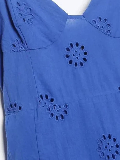 Blue Eyelet Embroidery Sweetheart Bustier Spaghetti Strap Tiered Ruffle Mini Dress