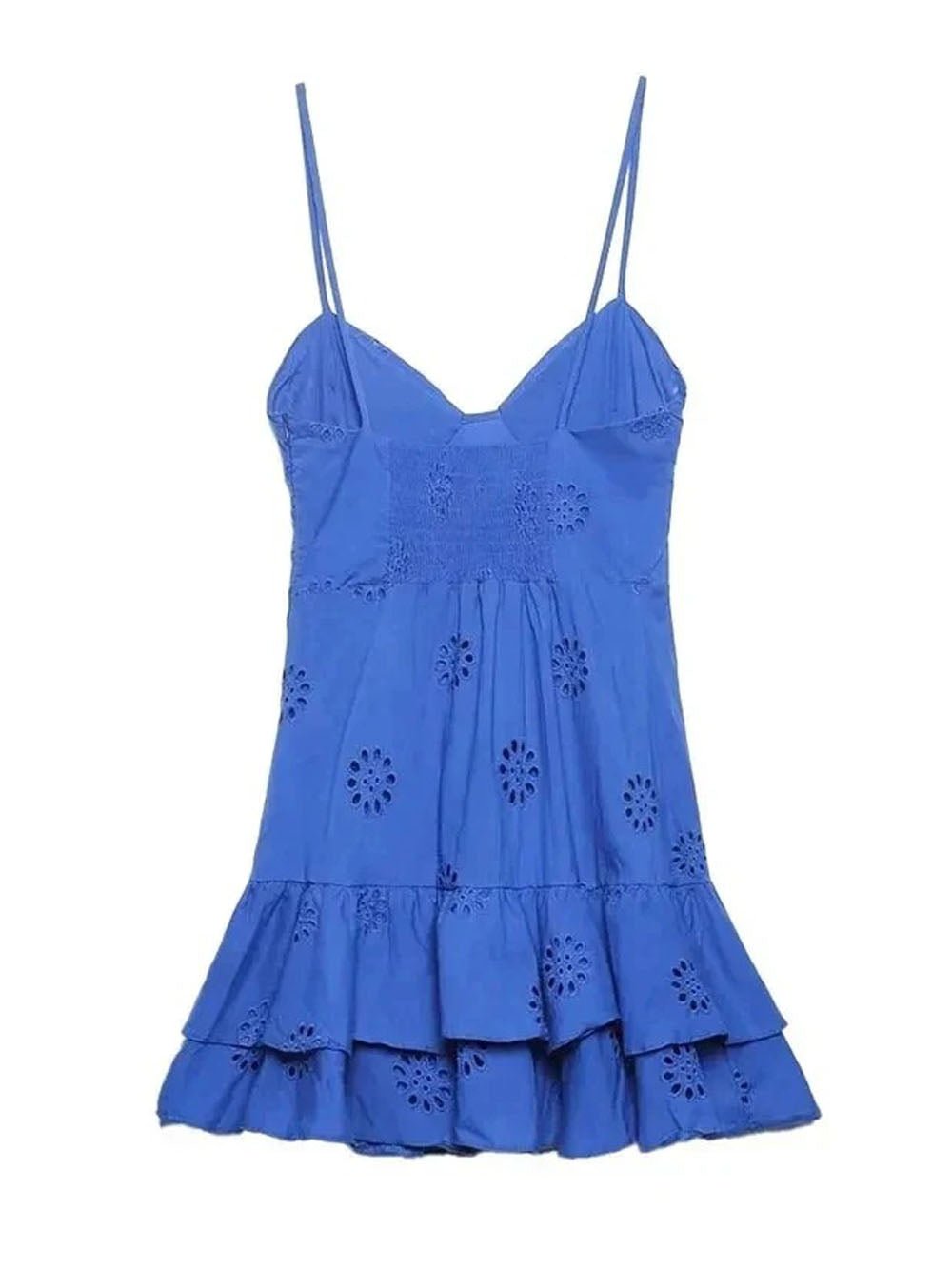 Blue Eyelet Embroidery Sweetheart Bustier Spaghetti Strap Tiered Ruffle Mini Dress