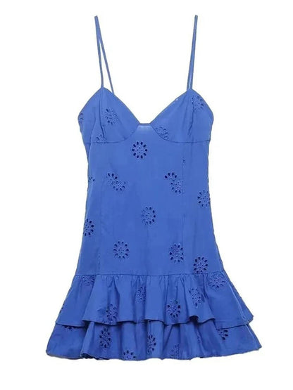 Blue Eyelet Embroidery Sweetheart Bustier Spaghetti Strap Tiered Ruffle Mini Dress