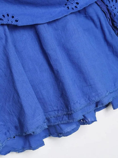 Blue Eyelet Embroidery Sweetheart Bustier Spaghetti Strap Tiered Ruffle Mini Dress