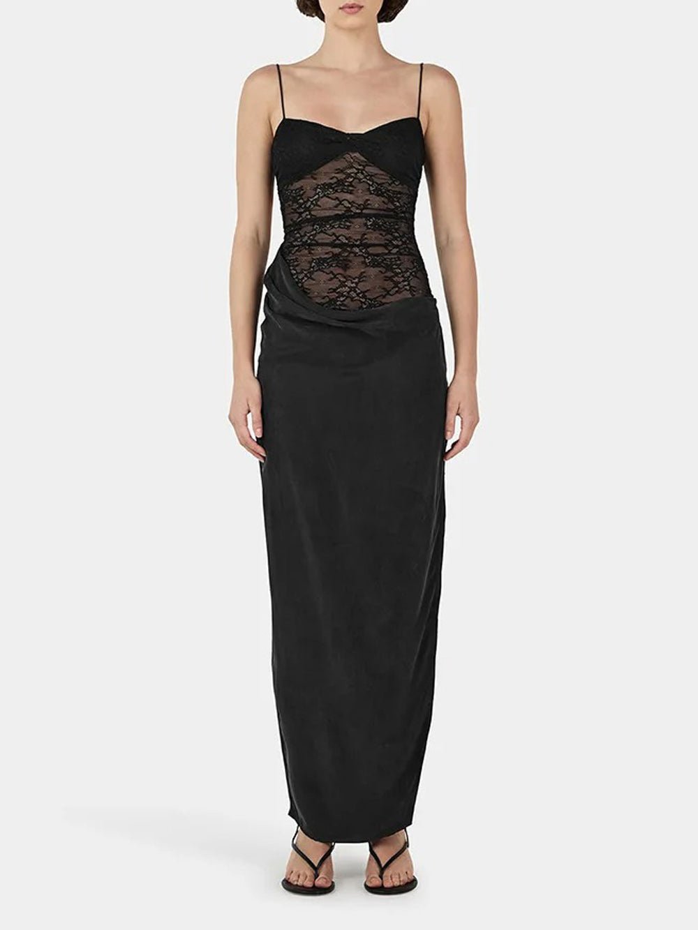 Spaghetti Strap Sweetheart Lace Panel Draped Waist Side Slit Satin Maxi Dress