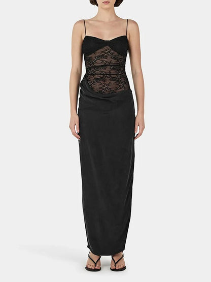 Spaghetti Strap Sweetheart Lace Panel Draped Waist Side Slit Satin Maxi Dress