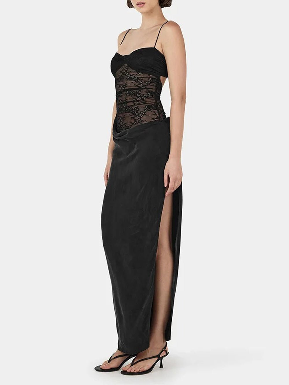 Spaghetti Strap Sweetheart Lace Panel Draped Waist Side Slit Satin Maxi Dress