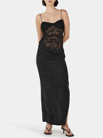 Spaghetti Strap Sweetheart Lace Panel Draped Waist Side Slit Satin Maxi Dress