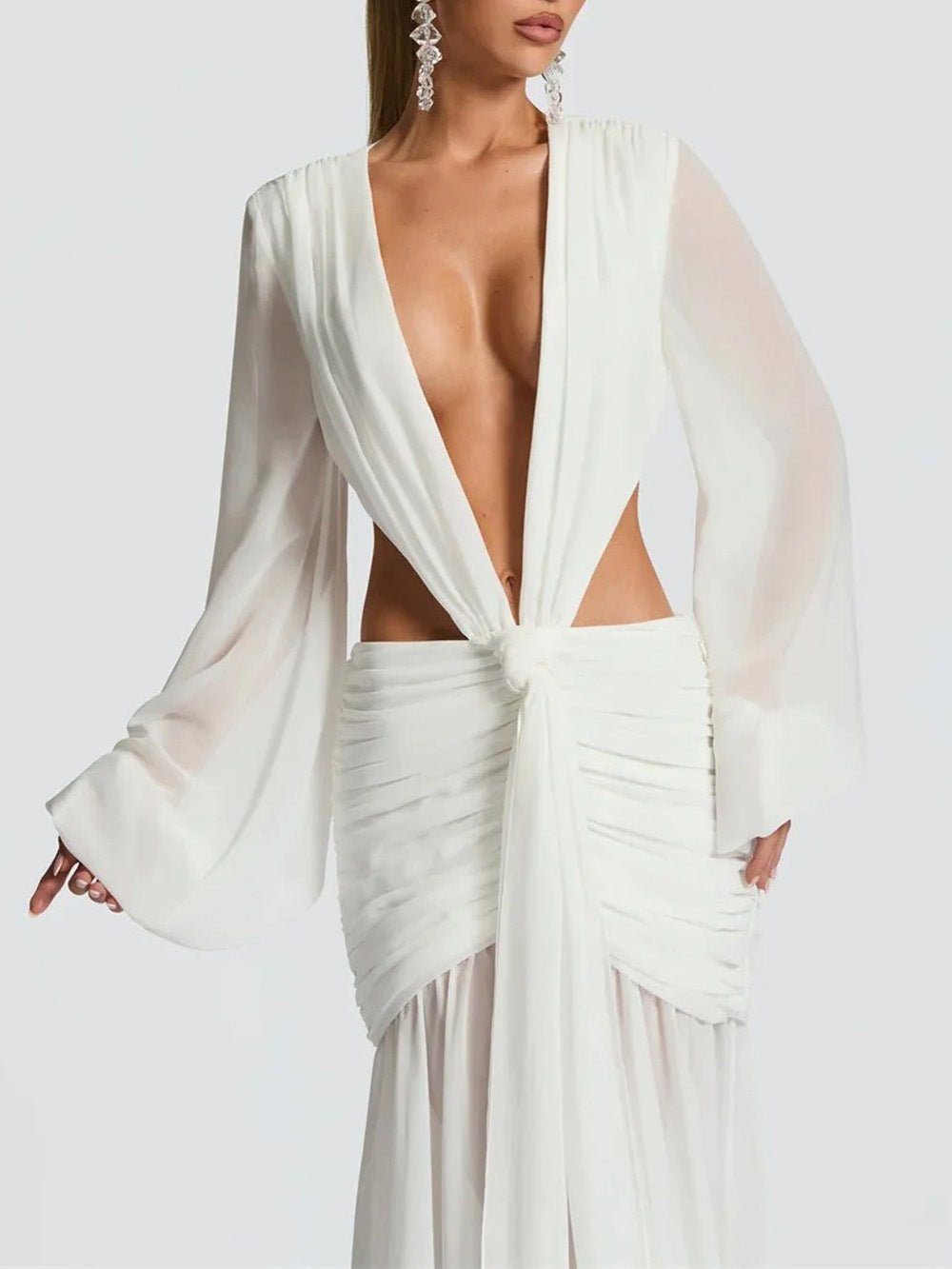 White Chiffon Deep V-Neck Bishop Sleeve Waist Cut Out Knotted Ruched Hip Maxi Dress