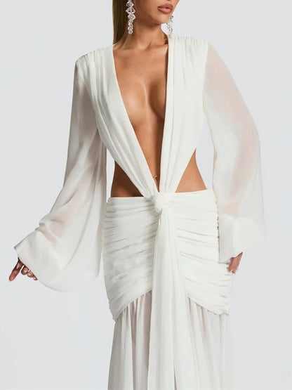 White Chiffon Deep V-Neck Bishop Sleeve Waist Cut Out Knotted Ruched Hip Maxi Dress