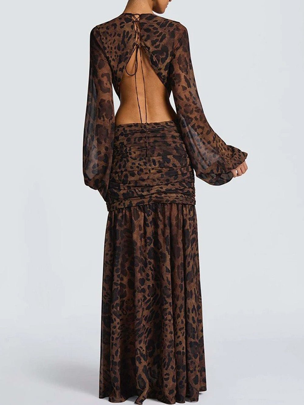 Brown Chiffon Bishop Sleeve Deep V-Neck Cut Out Knot Ruched Maxi Dress