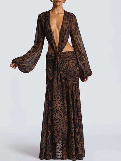 Brown Chiffon Bishop Sleeve Deep V-Neck Cut Out Knot Ruched Maxi Dress