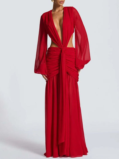 Red Chiffon Bishop Sleeve Deep V-Neck Cut Out Knot Ruched Maxi Dress