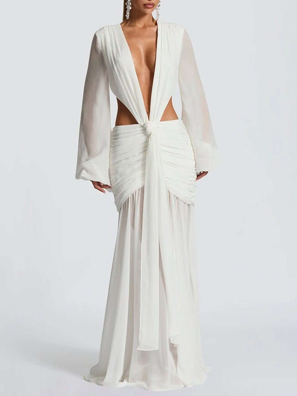 White Chiffon Deep V-Neck Bishop Sleeve Waist Cut Out Knotted Ruched Hip Maxi Dress