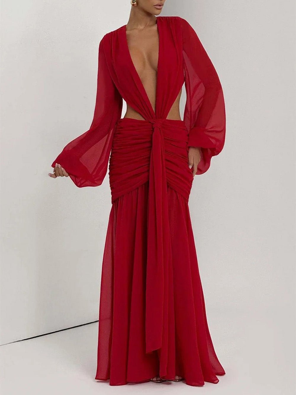 Red Chiffon Bishop Sleeve Deep V-Neck Cut Out Knot Ruched Maxi Dress