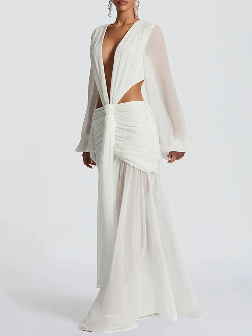 White Chiffon Deep V-Neck Bishop Sleeve Waist Cut Out Knotted Ruched Hip Maxi Dress