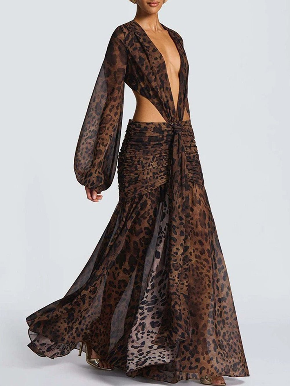 Brown Chiffon Bishop Sleeve Deep V-Neck Cut Out Knot Ruched Maxi Dress