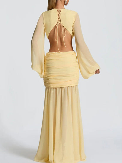 Yellow Chiffon Deep V-Neck Bishop Sleeve Waist Cut Out Knotted Ruched Hip Maxi Dress
