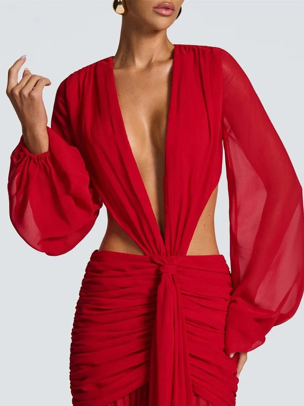 Red Chiffon Bishop Sleeve Deep V-Neck Cut Out Knot Ruched Maxi Dress