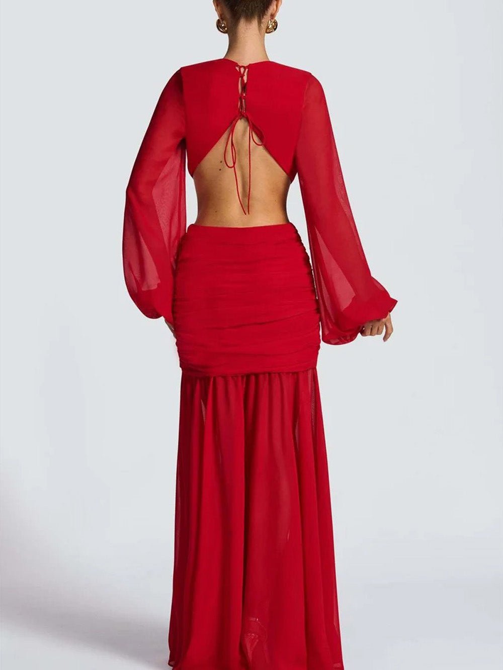 Red Chiffon Bishop Sleeve Deep V-Neck Cut Out Knot Ruched Maxi Dress