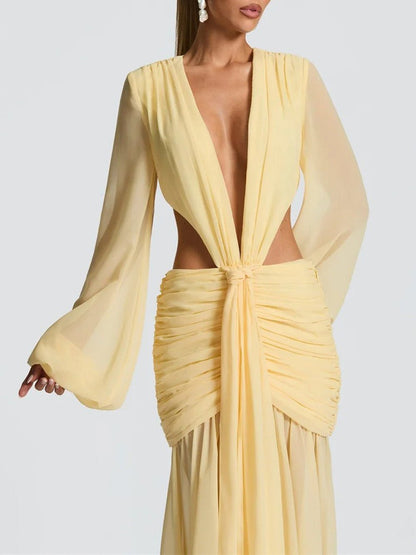 Yellow Chiffon Deep V-Neck Bishop Sleeve Waist Cut Out Knotted Ruched Hip Maxi Dress