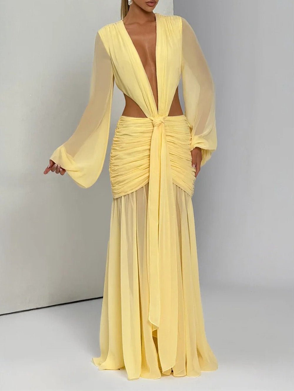 Yellow Chiffon Deep V-Neck Bishop Sleeve Waist Cut Out Knotted Ruched Hip Maxi Dress