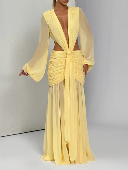 Yellow Chiffon Deep V-Neck Bishop Sleeve Waist Cut Out Knotted Ruched Hip Maxi Dress