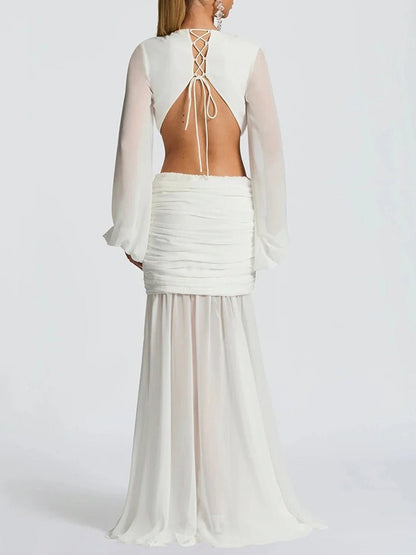 White Chiffon Deep V-Neck Bishop Sleeve Waist Cut Out Knotted Ruched Hip Maxi Dress