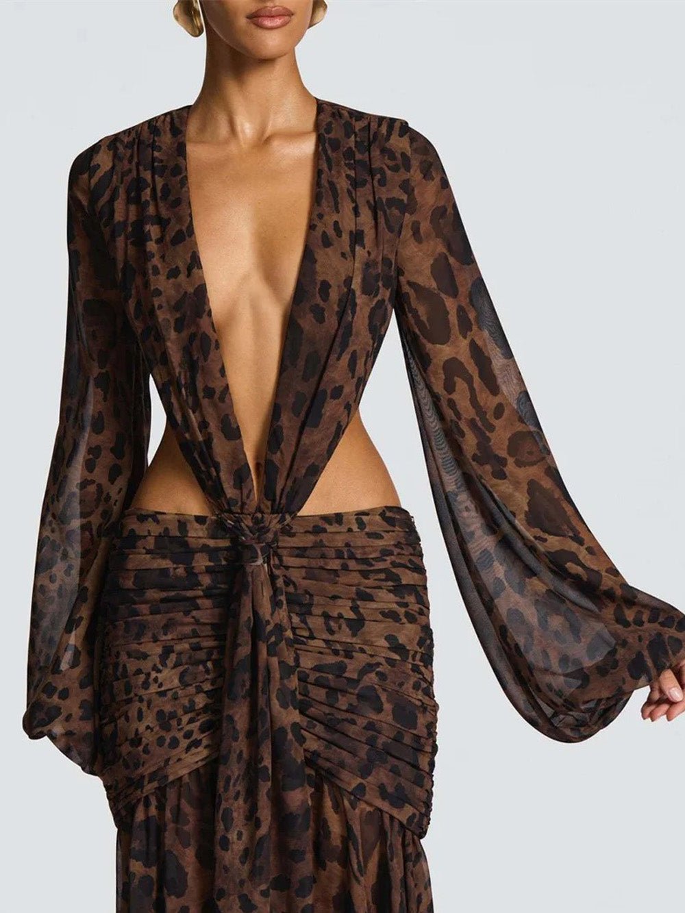 Brown Chiffon Bishop Sleeve Deep V-Neck Cut Out Knot Ruched Maxi Dress