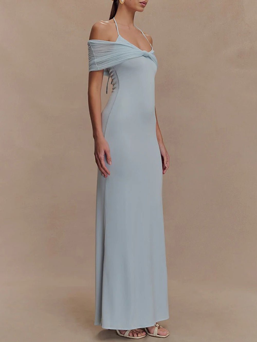 Halter Neck Twist Knot Bust Mesh Off Shoulder Drape Bodycon Maxi Dress