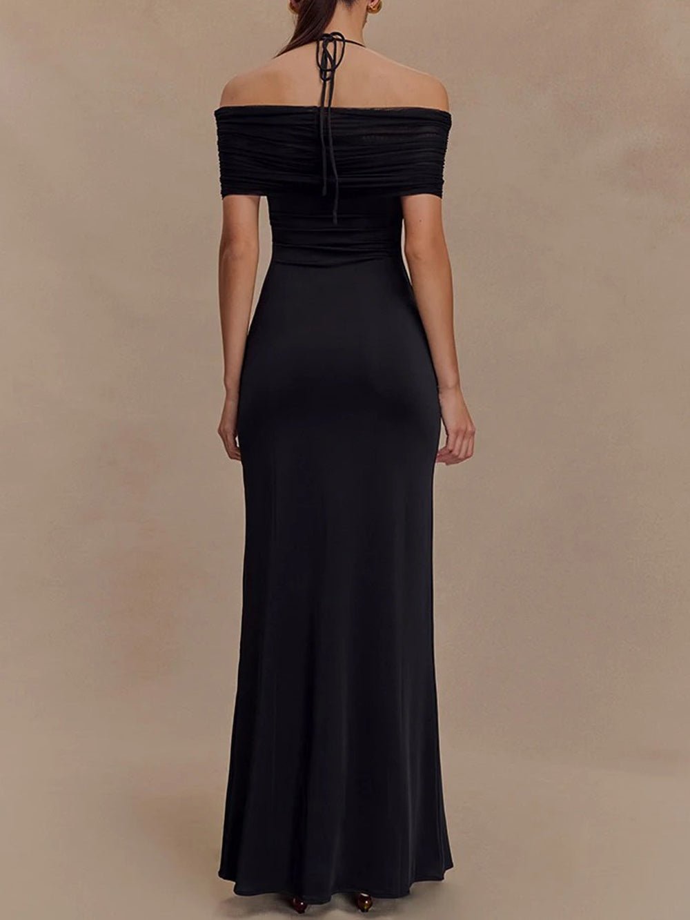 Halter Neck Twist Knot Bust Mesh Off Shoulder Drape Bodycon Maxi Dress