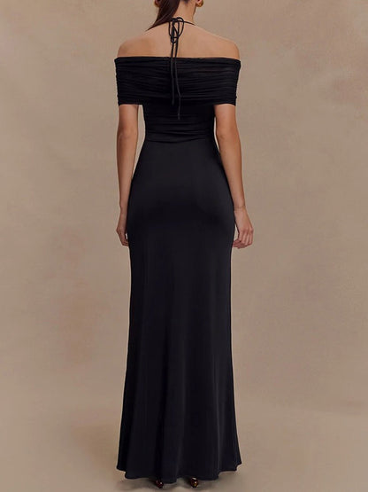 Halter Neck Twist Knot Bust Mesh Off Shoulder Drape Bodycon Maxi Dress
