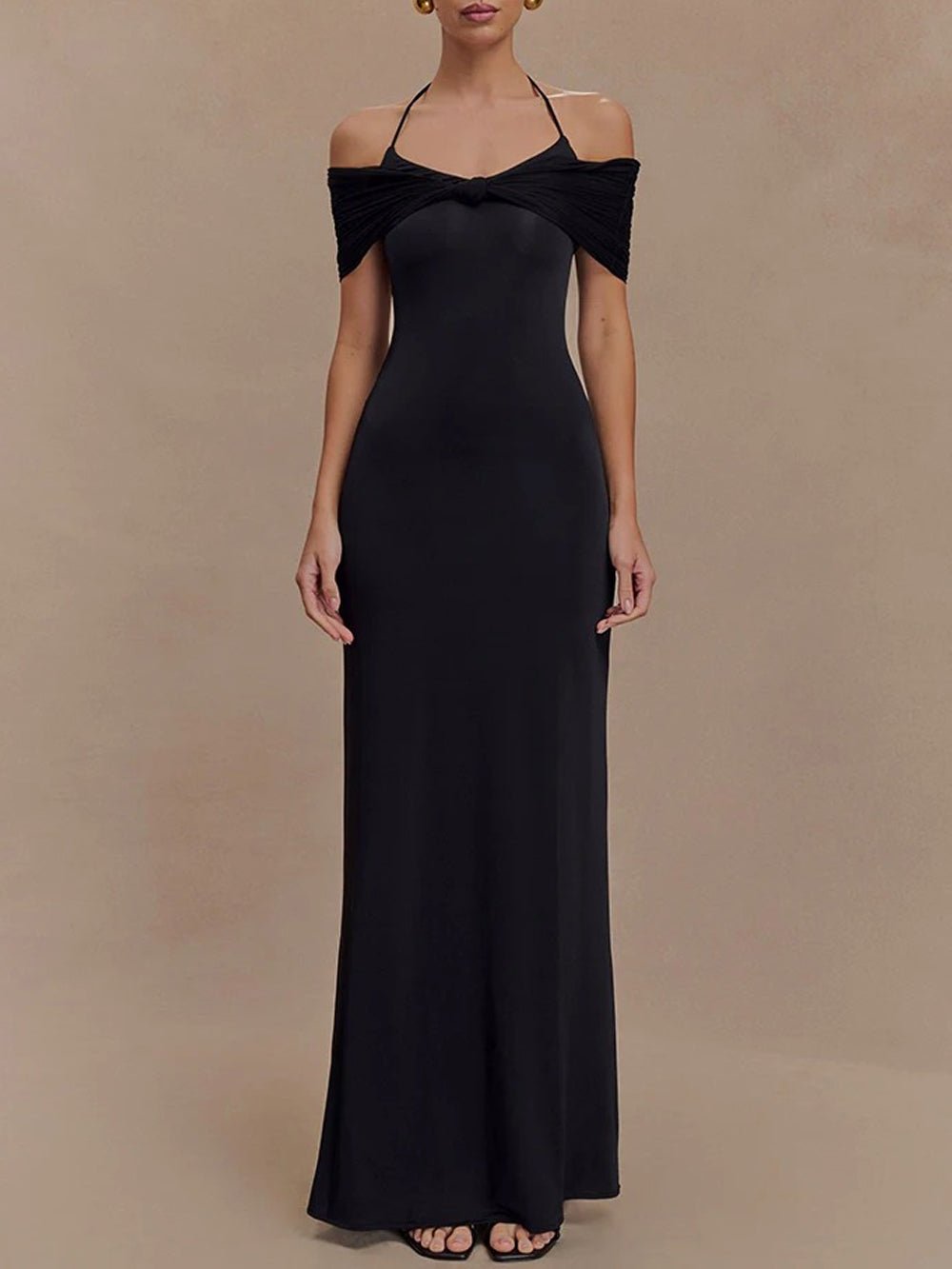 Halter Neck Twist Knot Bust Mesh Off Shoulder Drape Bodycon Maxi Dress