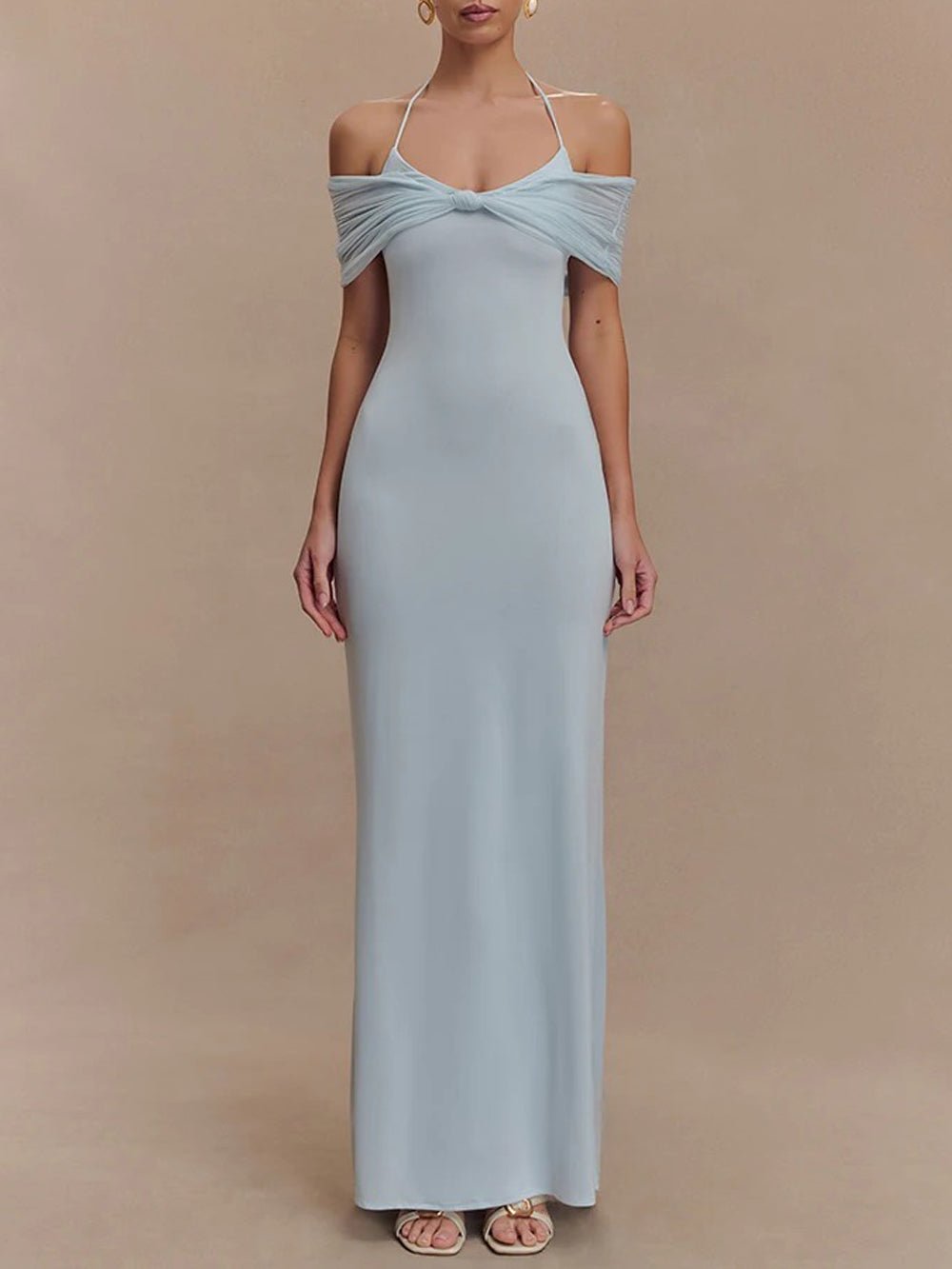 Halter Neck Twist Knot Bust Mesh Off Shoulder Drape Bodycon Maxi Dress