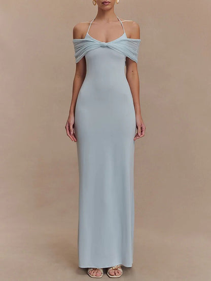 Halter Neck Twist Knot Bust Mesh Off Shoulder Drape Bodycon Maxi Dress