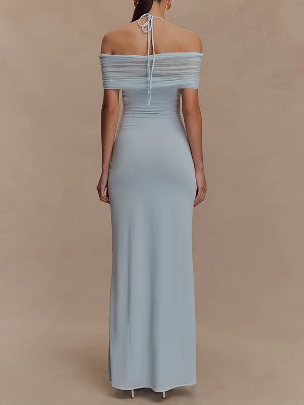 Halter Neck Twist Knot Bust Mesh Off Shoulder Drape Bodycon Maxi Dress