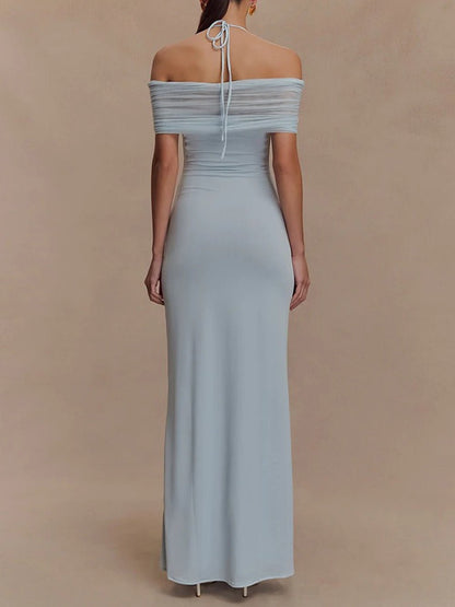 Halter Neck Twist Knot Bust Mesh Off Shoulder Drape Bodycon Maxi Dress