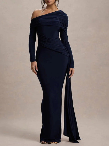 Blue Ruched One Shoulder Long Sleeve Drape Panel Maxi Gown