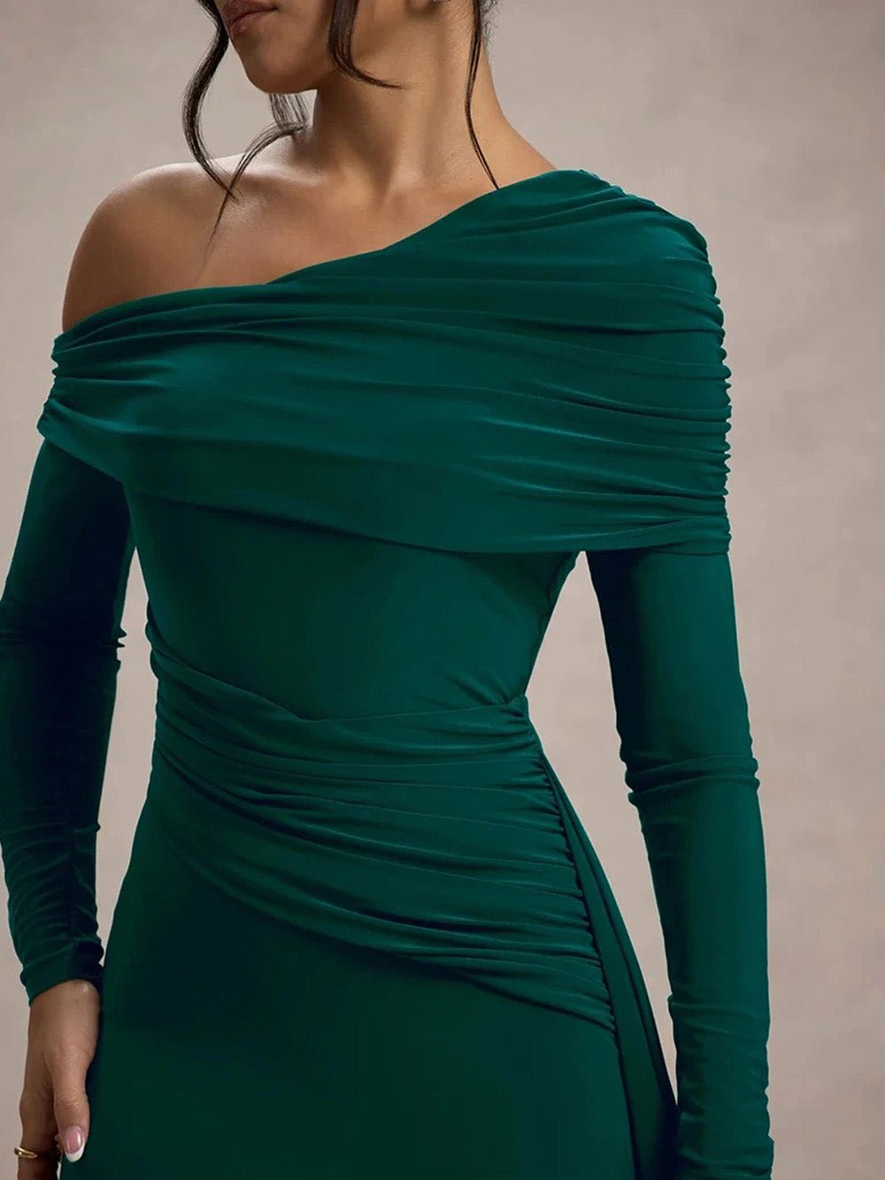 Green Ruched One Shoulder Long Sleeve Drape Panel Maxi Gown