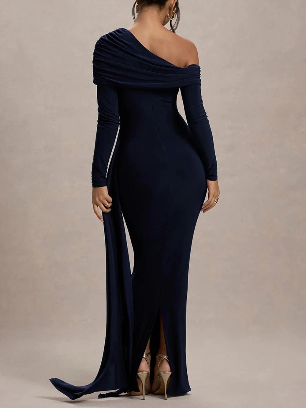 Blue Ruched One Shoulder Long Sleeve Drape Panel Maxi Gown