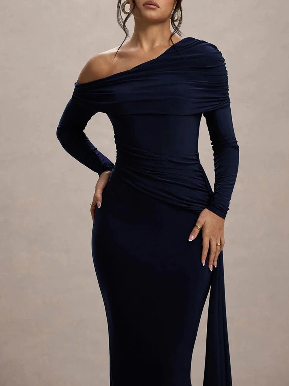 Blue Ruched One Shoulder Long Sleeve Drape Panel Maxi Gown