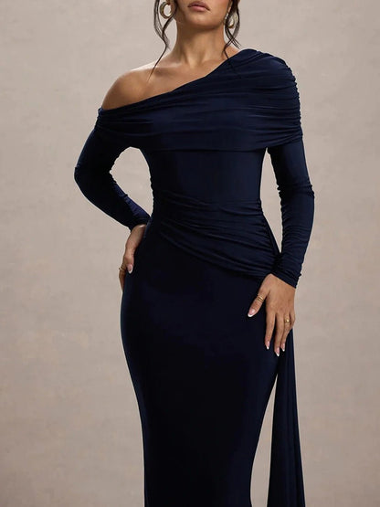 Blue Ruched One Shoulder Long Sleeve Drape Panel Maxi Gown