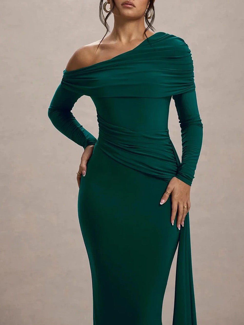 Green Ruched One Shoulder Long Sleeve Drape Panel Maxi Gown