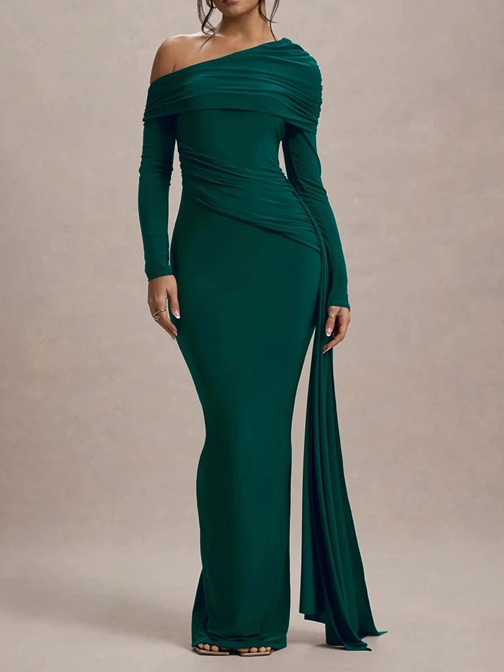 Green Ruched One Shoulder Long Sleeve Drape Panel Maxi Gown