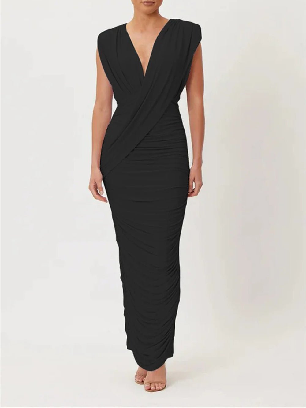 Black Jersey Sleeveless Deep Plunge V-Neck Draped Wrap Bodice Ruched Bodycon Column Maxi Dress