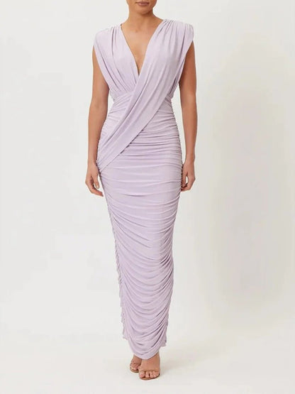Purple Jersey Sleeveless Deep Plunge V-Neck Draped Wrap Bodice Ruched Bodycon Column Maxi Dress