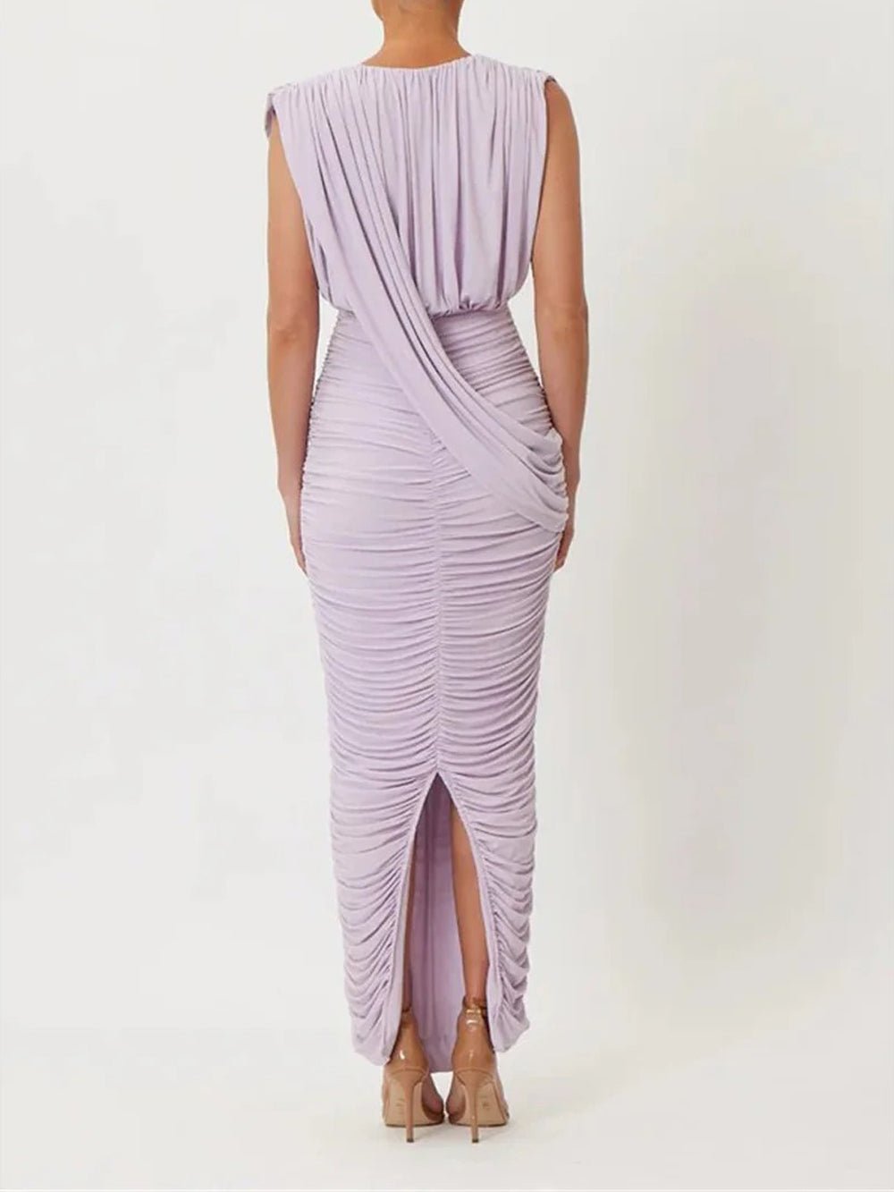Purple Jersey Sleeveless Deep Plunge V-Neck Draped Wrap Bodice Ruched Bodycon Column Maxi Dress