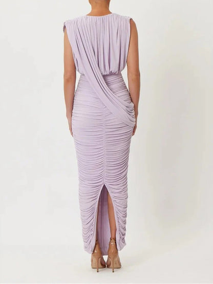 Purple Jersey Sleeveless Deep Plunge V-Neck Draped Wrap Bodice Ruched Bodycon Column Maxi Dress